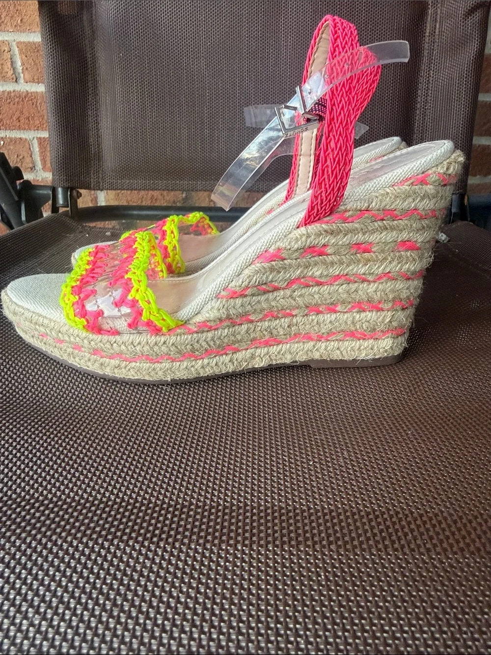 SCHUTZ Neon Pink & Neon Yellow Crochet Espadrille Sandals - Size 7.5 B